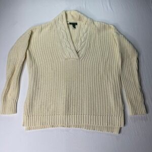 Lauren Ralph Lauren‎ Cable Knit Sweater Women's Small Cream Ivory V-Neck Cotton